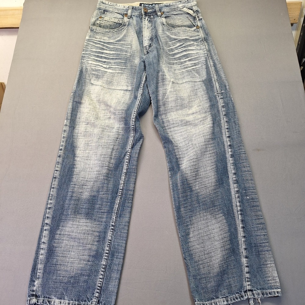 Koman Jeans Mens 32x34 Blue Distressed Straight Leg Y2K Faded Grunge Skater